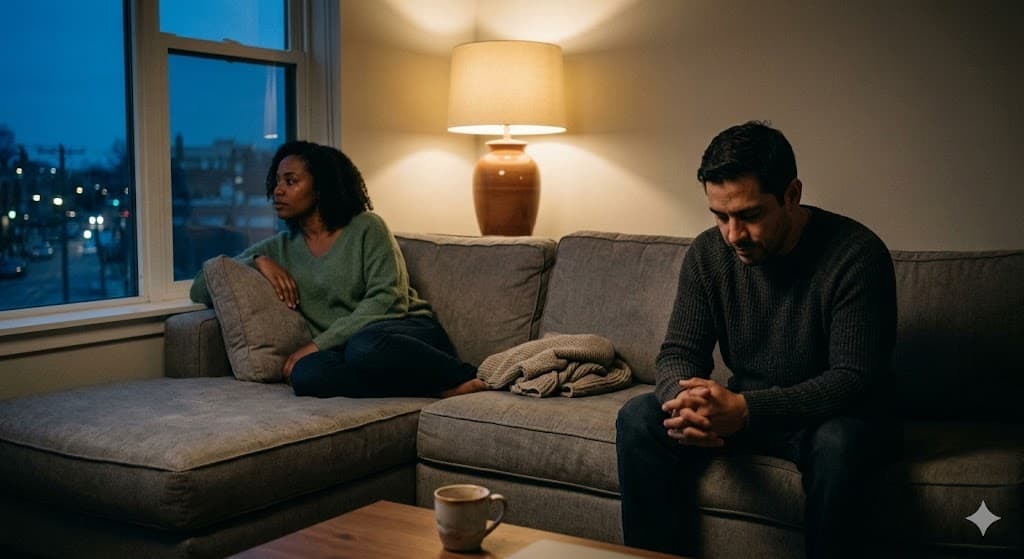 Paar auf dem Sofa schweigend – emotionale Distanz in der Beziehung