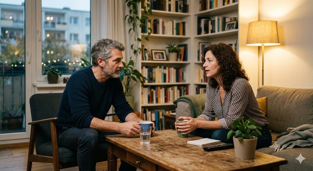 Paar im Wohnzimmer bei offenem Gespräch – über Gefühle sprechen lernen