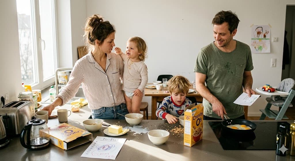 Familie beim chaotischen Frühstück – Beziehung im Überlebensmodus durch äußere Belastungen
