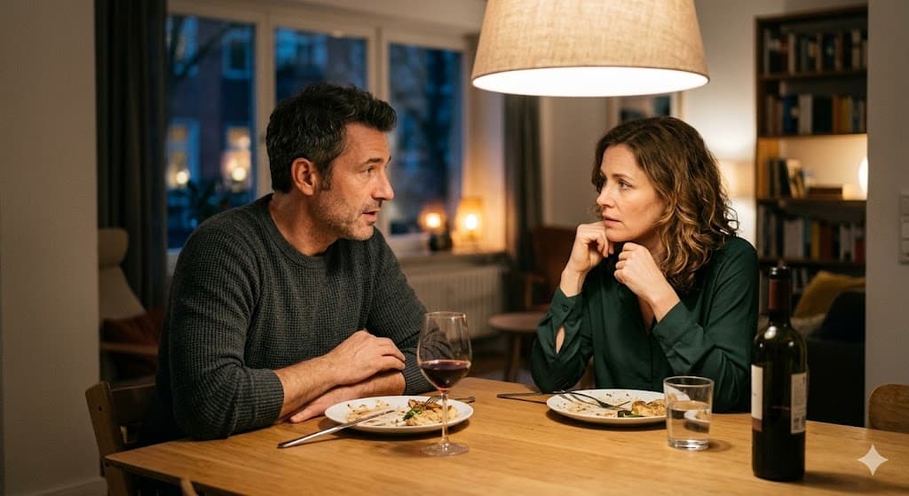 Paar beim Abendessen mit Wein, gemeinsame Zeit ist noch keine Nähe