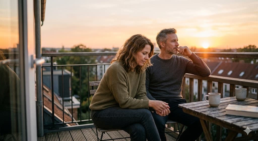 Paar steht nachdenklich auf dem Balkon bei Sonnenuntergang – Beziehung retten oder loslassen?