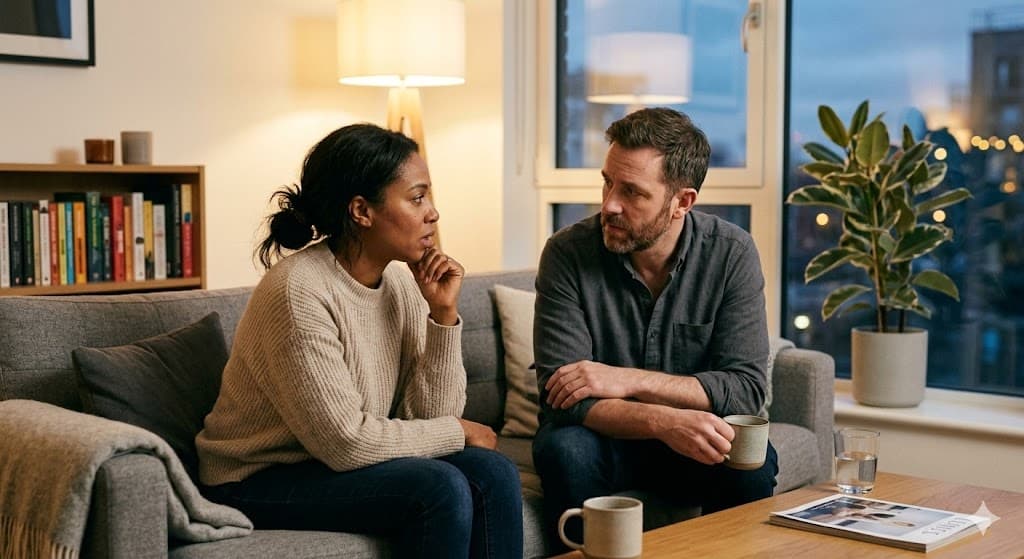 Diverses Paar in ernstem Gespräch auf dem Sofa – alleine an der Beziehung arbeiten