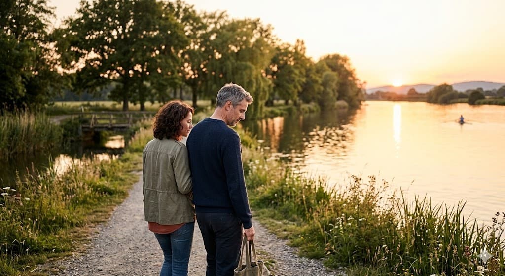 Paar spaziert am Fluss bei Sonnenuntergang – hat die Beziehung noch Zukunft?