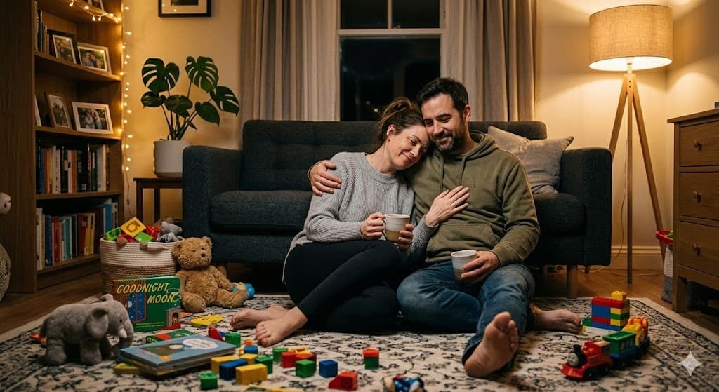Paar kuschelt auf dem Boden zwischen Kinderspielzeug – Paartherapie für Eltern
