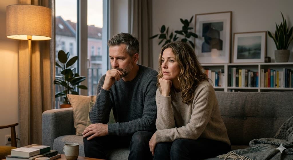 Nachdenkliches Paar auf dem Sofa – lohnt es sich, um die Beziehung zu kämpfen?