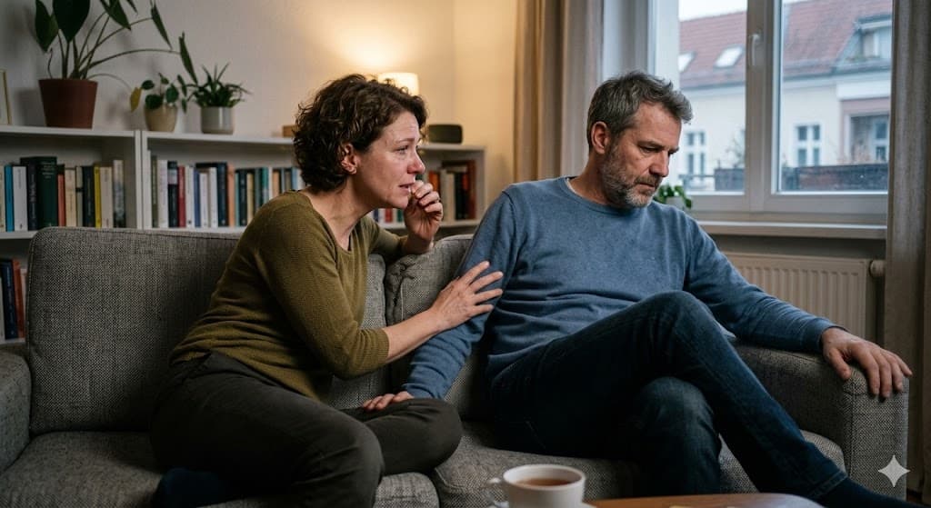 Frau berührt weinend ihren Partner, der sich abwendet – wenn nur einer kämpft