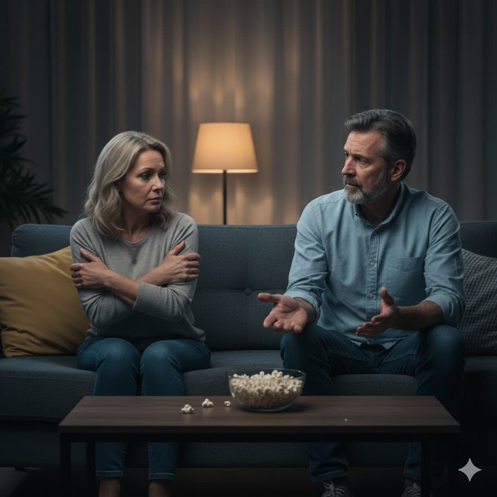 Paar auf dem Sofa – er erklärt, sie verschränkt die Arme – wenn der Partner aufgegeben hat