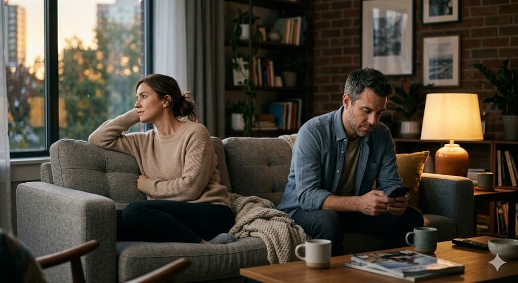 Paar auf dem Sofa – sie schaut weg, er am Handy – sich nicht gesehen fühlen