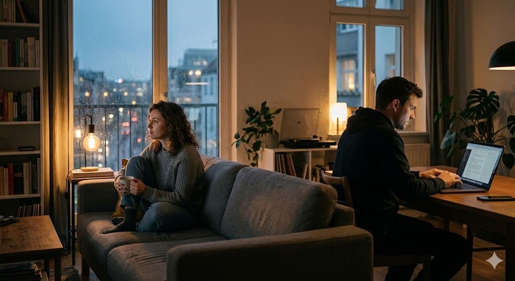 Frau allein auf dem Sofa, Partner am Laptop – emotionale Einsamkeit in der Beziehung