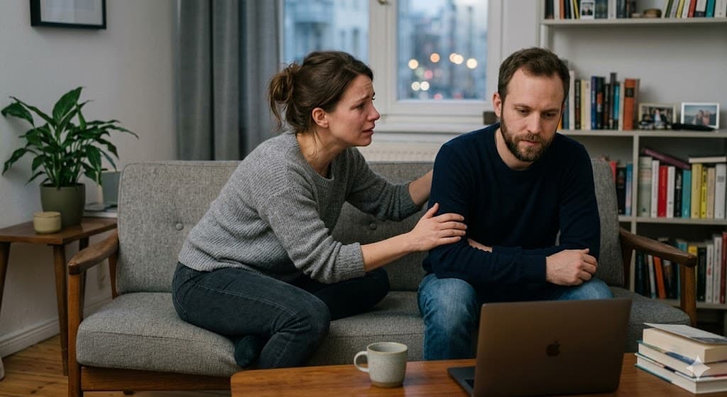 Paar auf dem Sofa – sie berührt ihn besorgt, er am Laptop – Eifersucht in der Beziehung