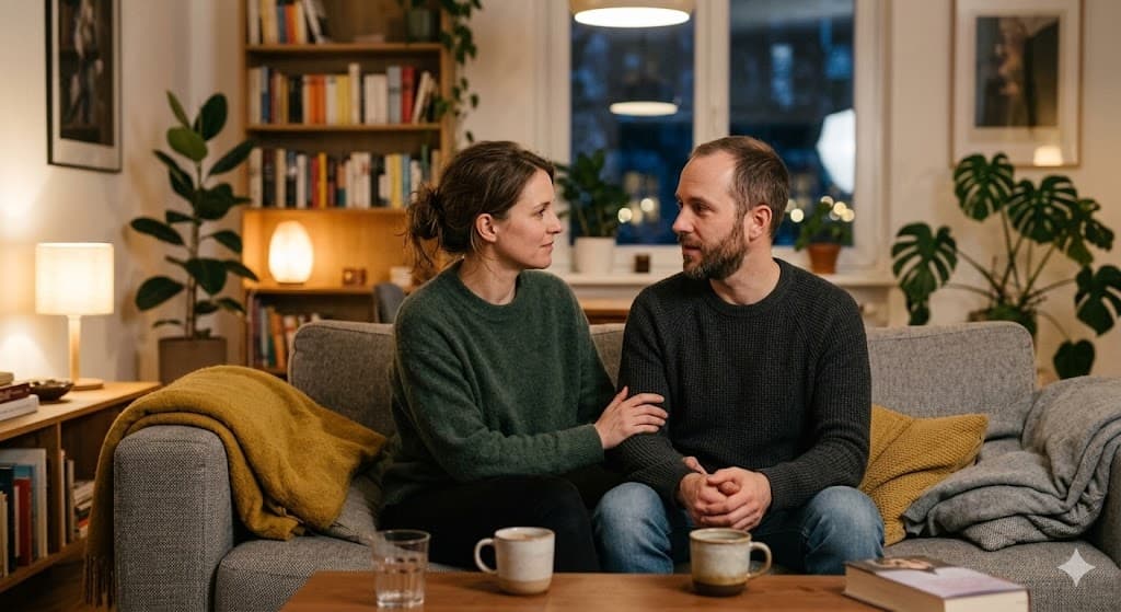 Paar auf dem Sofa, sie berührt sanft seinen Arm – wenn der Partner Bindungsangst hat