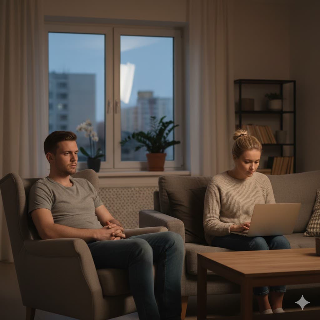 Paar sitzt getrennt im Wohnzimmer – Frühwarnsignale für emotionale Distanz